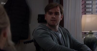 Tom looking sinister in his wheelchair on Emmerdale